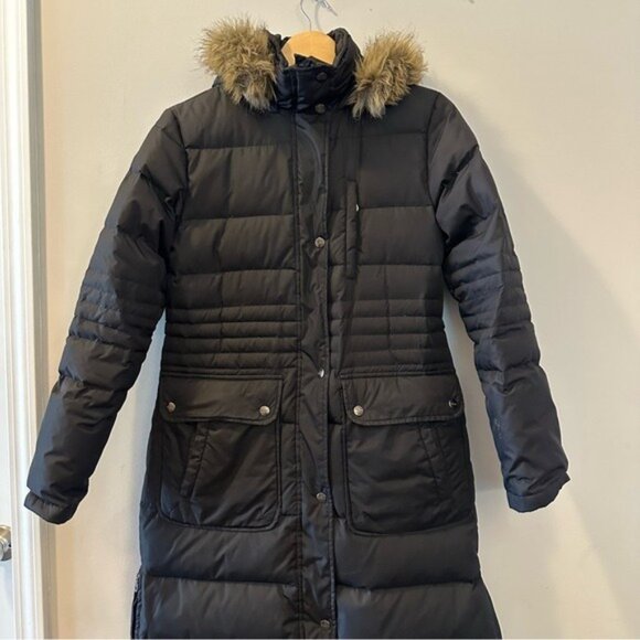 DKNY Black Long Down Puffer Coat Fur Trim Hood Hooded Winter Parka Sz Small - Picture 4 of 16